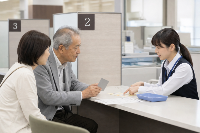 高齢の男性と娘が市役所窓口でマイナンバーカードの更新手続きを確認している様子