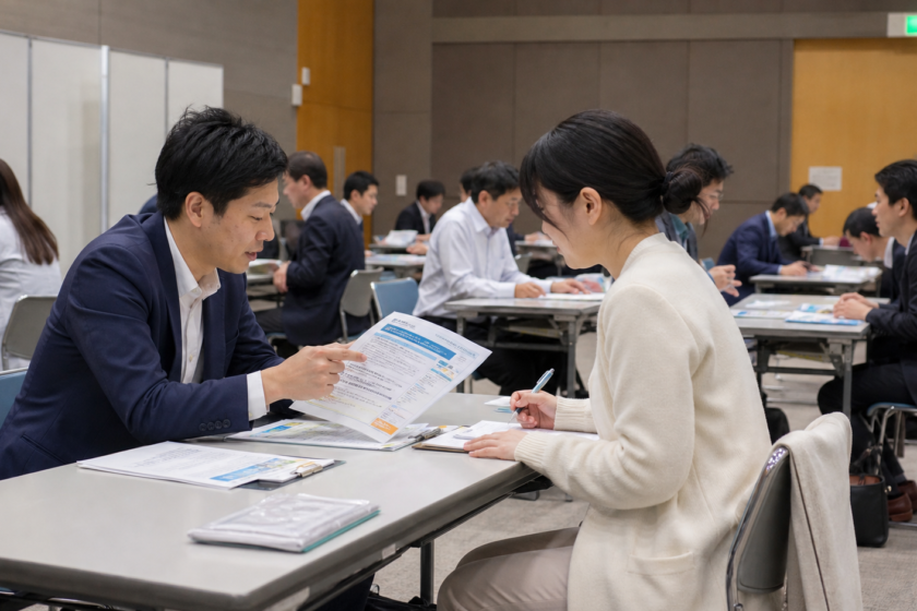 久留米の合同会社説明会で求職者が企業担当者の説明を聞いている様子