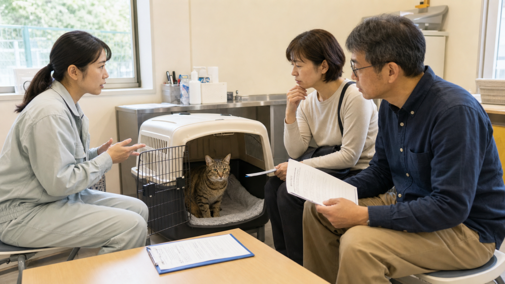 久留米市動物愛護センターの相談室で家族が保護猫との面会について説明を受けている様子