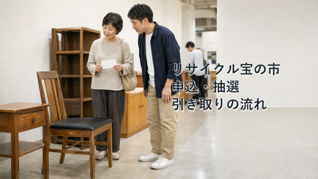 久留米市のリサイクル展示室で家具を見比べ申込み券に品物番号を書く来場者