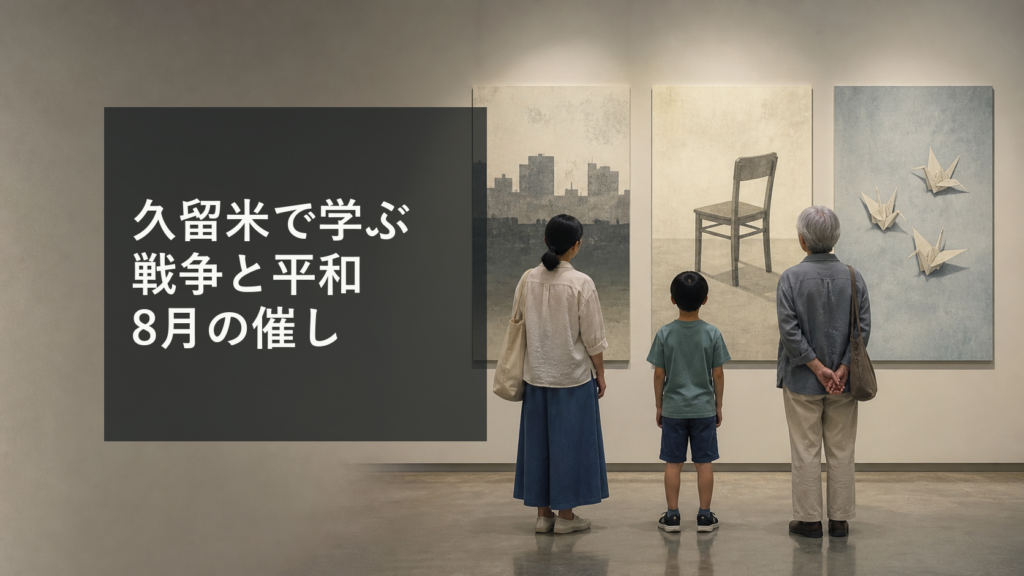 久留米市内の平和資料展で、来場者が戦時中の資料と子どもたちの平和への作品を静かに見つめる様子