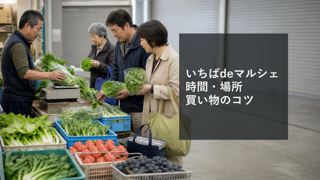 久留米市中央卸売市場の一般開放日に野菜や果物を選ぶ家族の様子