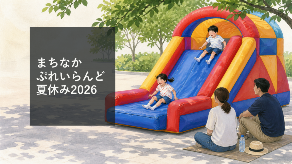 久留米シティプラザ六角堂広場の夏休みイベントで子どもを見守る家族の様子