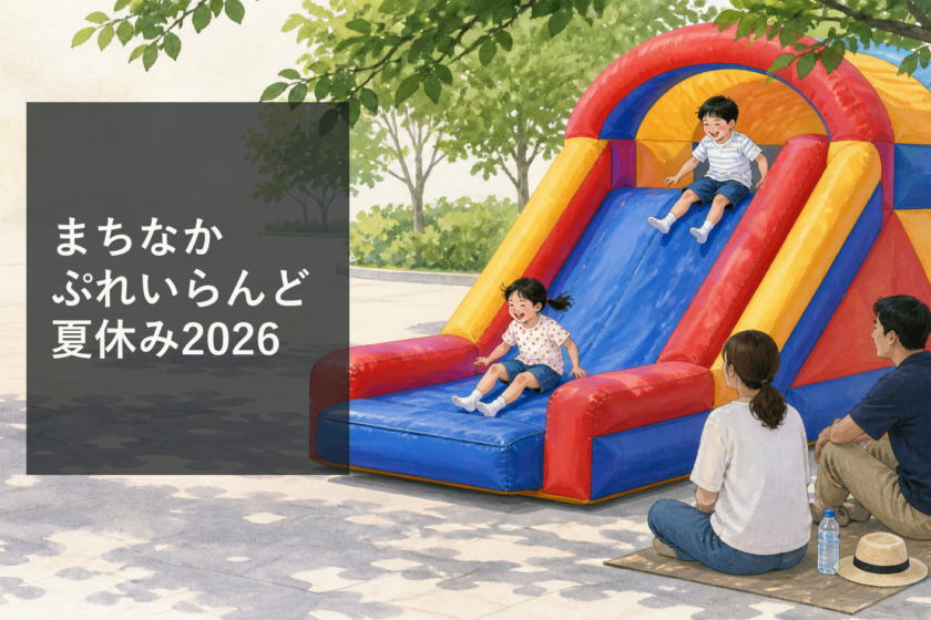 久留米シティプラザ六角堂広場の夏休みイベントで子どもを見守る家族の様子