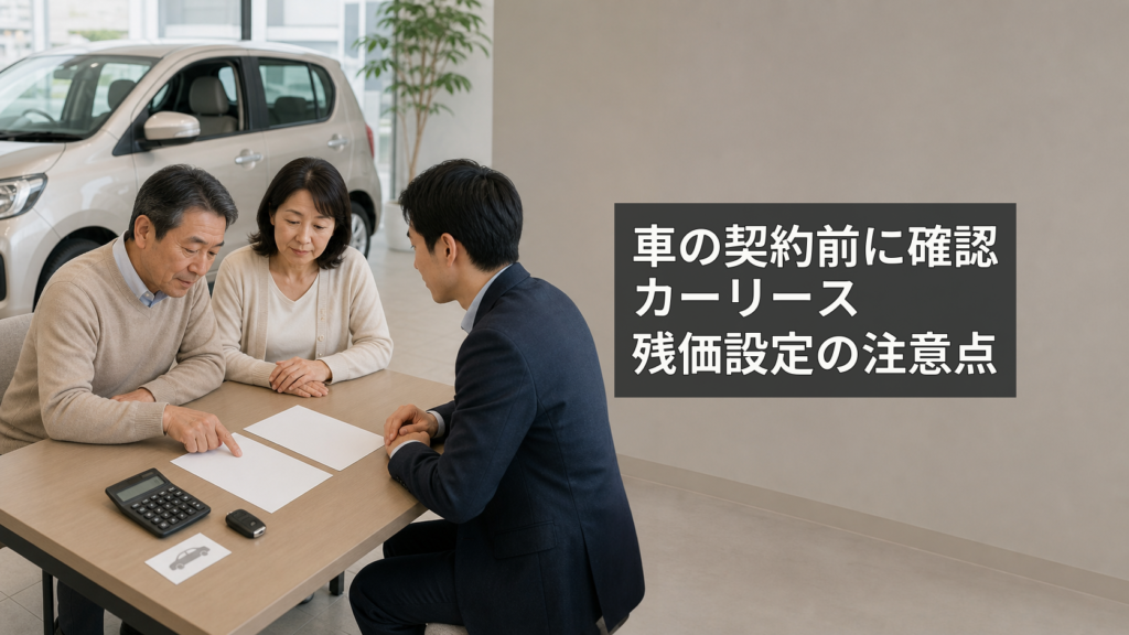 久留米市の自動車販売店で家族がカーリースと残価設定クレジットの契約書、支払総額、満了条件を確認している様子