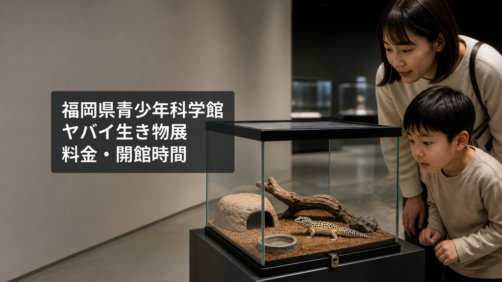 福岡県青少年科学館の特別展示室で日本人の親子が飼育ケース越しに爬虫類を観察し、解説パネルで生態を確かめている様子
