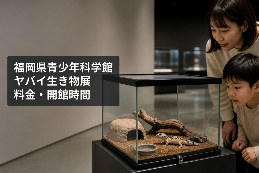 福岡県青少年科学館の特別展示室で日本人の親子が飼育ケース越しに爬虫類を観察し、解説パネルで生態を確かめている様子