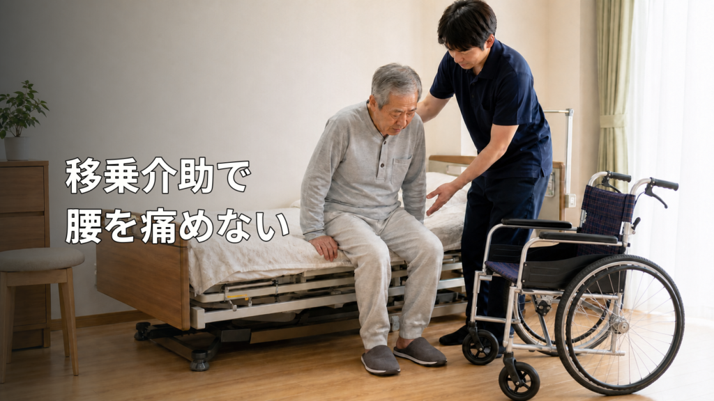 介護ベッドから車いすへ移る前に、安全な姿勢と用具の位置を確認する高齢者と介護職員