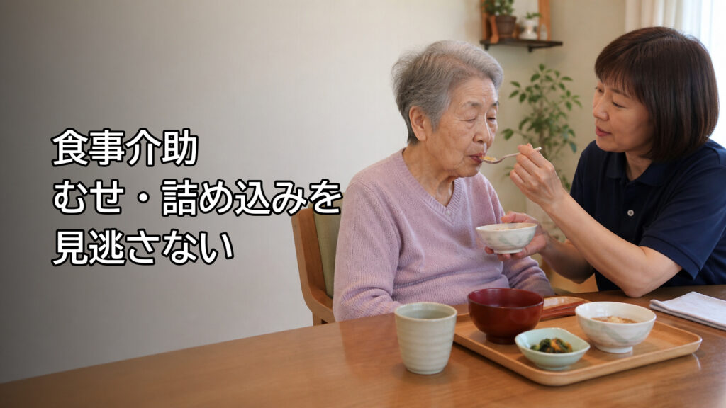 高齢者の姿勢と飲み込みを見ながら食事介助を行う場面