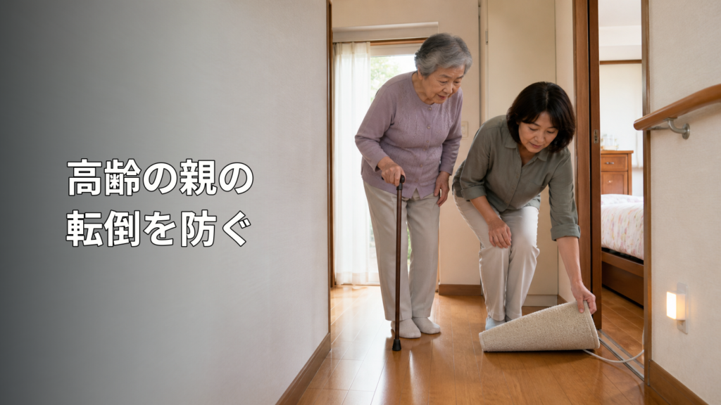 高齢者の歩行動線から敷物とコードを片づける家族