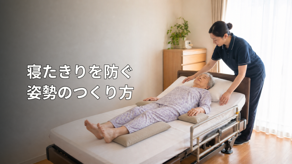 介護ベッドでクッションを使い姿勢を整える高齢女性と介護職員