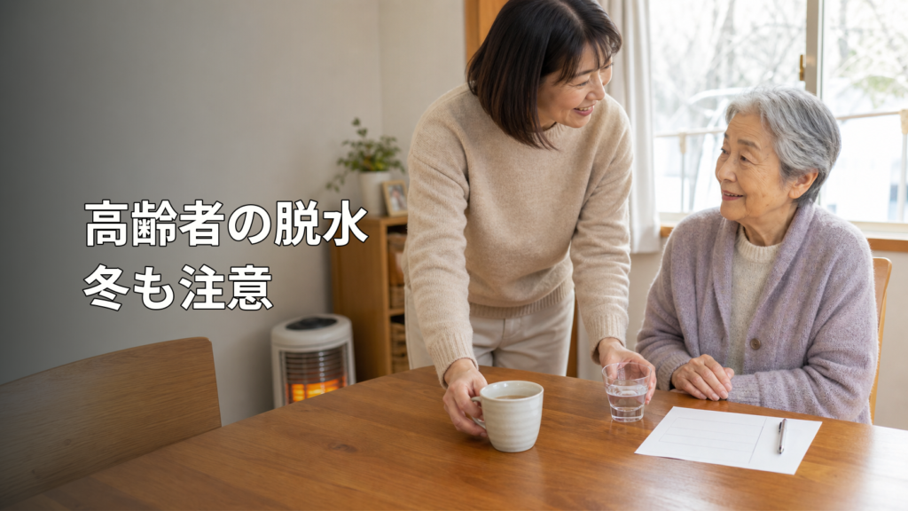 冬の室内で高齢女性に温かいお茶と水を用意する家族