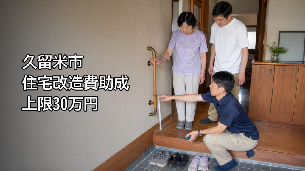 自宅玄関の手すりを高齢者と家族と専門職が確認するイメージ