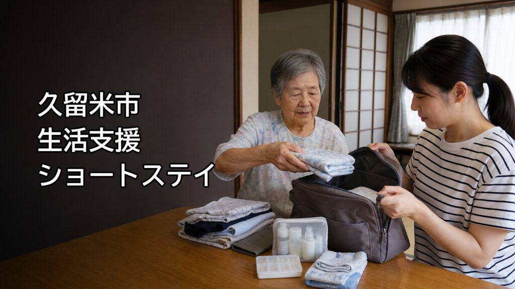 高齢の母親と娘が短期滞在用の荷物を準備するイメージ