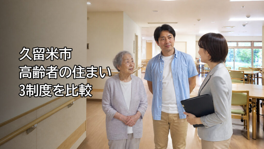 高齢者向け住まいの共用部を家族と相談員が見学するイメージ