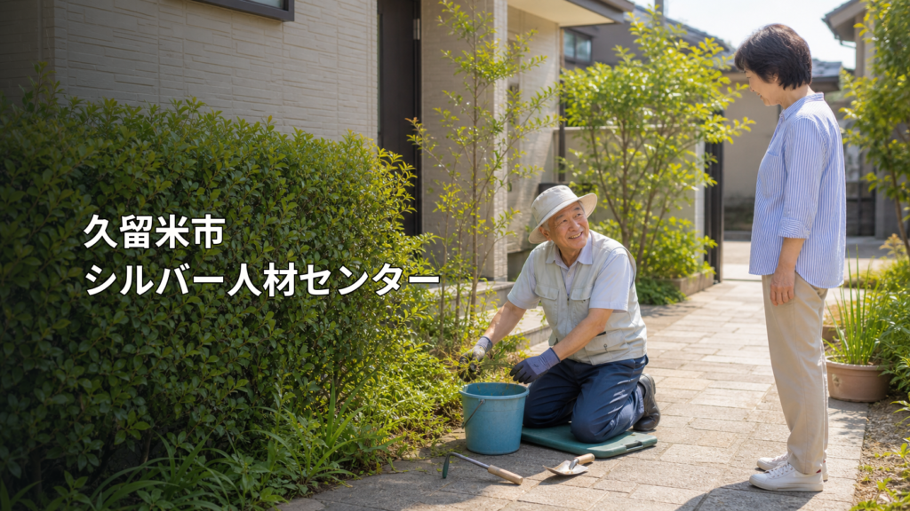 住宅の庭で草取りをするシルバー人材センターの高齢スタッフ
