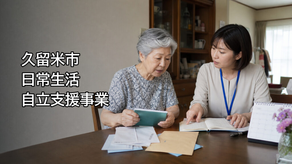 高齢者が支援員と通帳や支払い予定を確認するイメージ