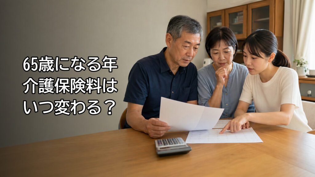65歳になる年の保険料切り替え時期を家族で確認するイメージ