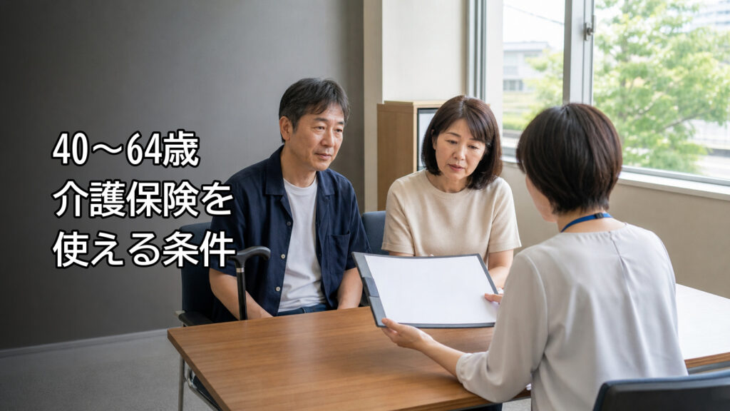 40歳から64歳の介護保険利用について窓口で相談する夫婦のイメージ
