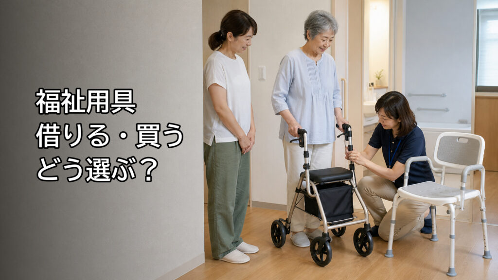 歩行器とシャワーチェアを高齢者と家族が専門職と選ぶイメージ