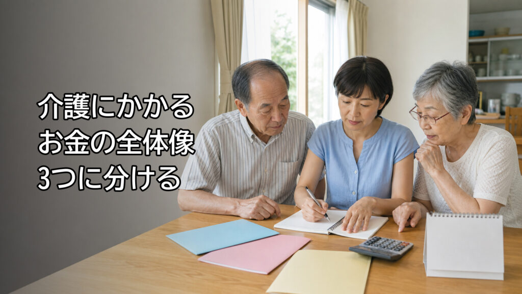 介護費用を月額・一時金・保険外に分けて家族で整理するイメージ