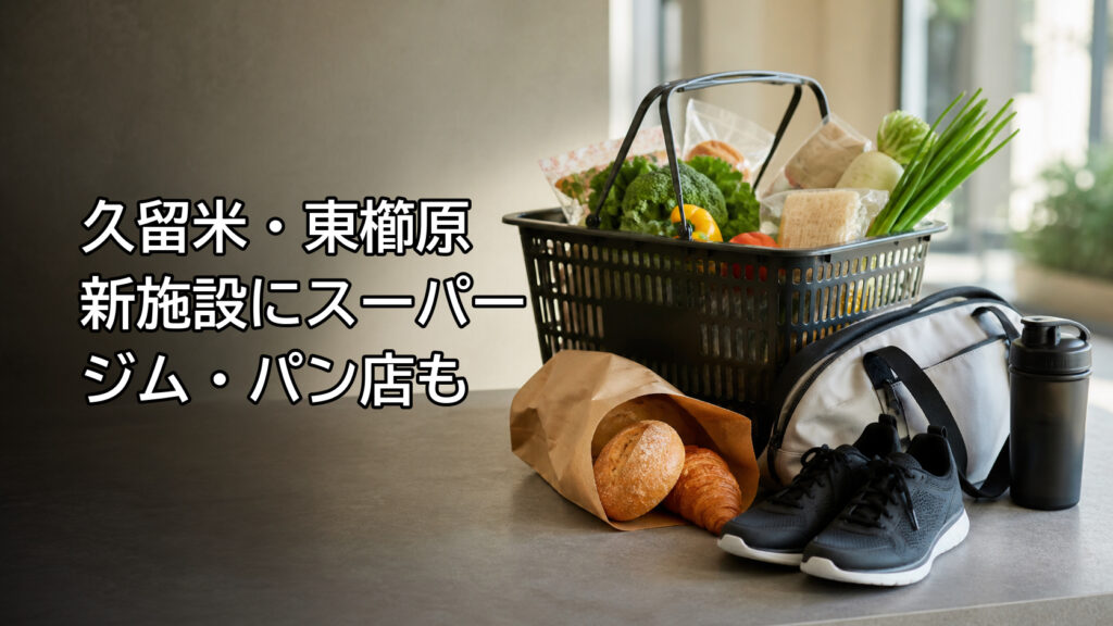 久留米・東櫛原の新施設に予定されるスーパー、パン店、ジムを表した買い物かごとパン、運動用品