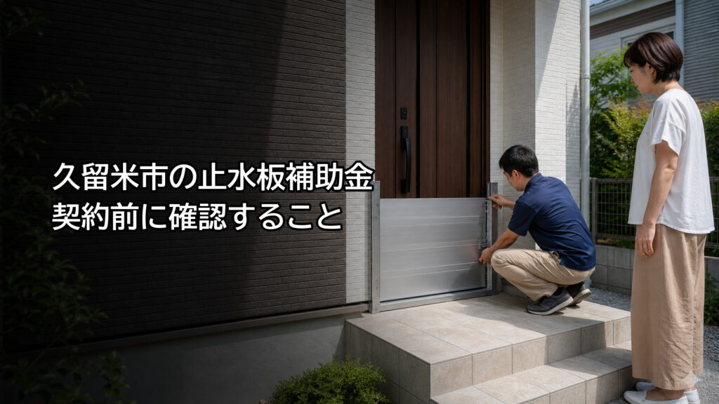 住宅玄関の止水板設置を確認する家族と施工担当者