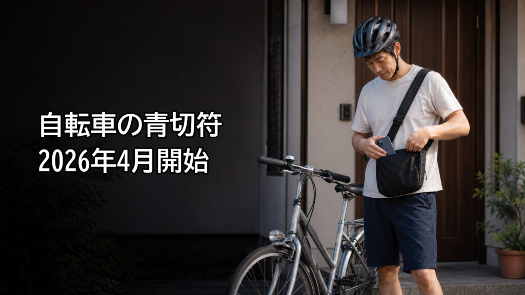 自転車に乗る前にスマートフォンをバッグへしまう男性