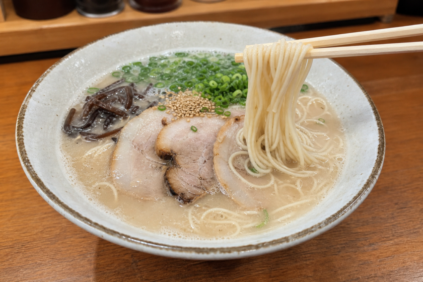 木のカウンターに置かれた久留米豚骨ラーメンと、箸で持ち上げた細麺