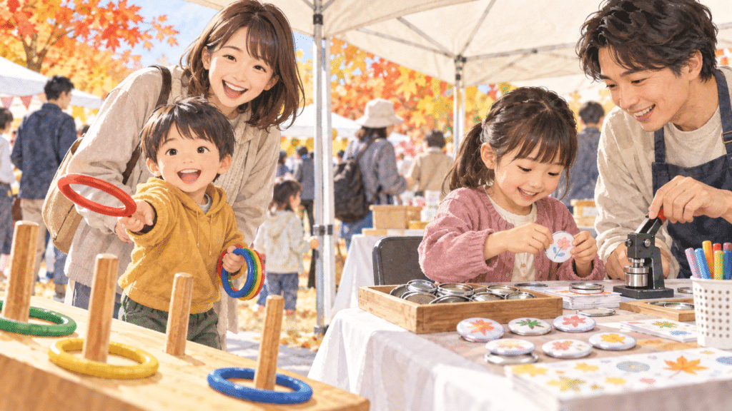 秋祭りの体験テントで輪投げを楽しむ親子