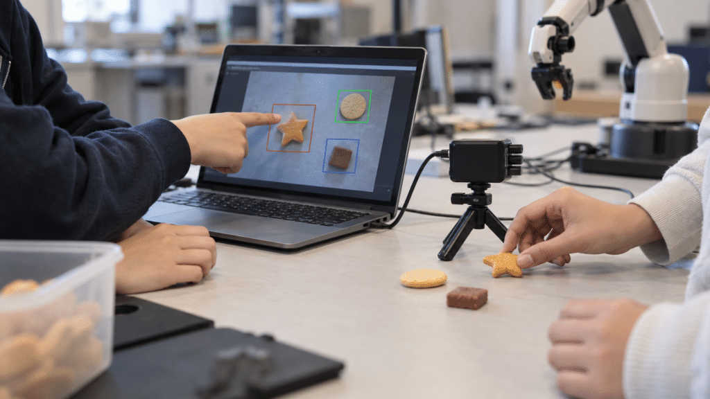 カメラで菓子の形を認識させるフィジカルAI学習を表した編集用イメージ