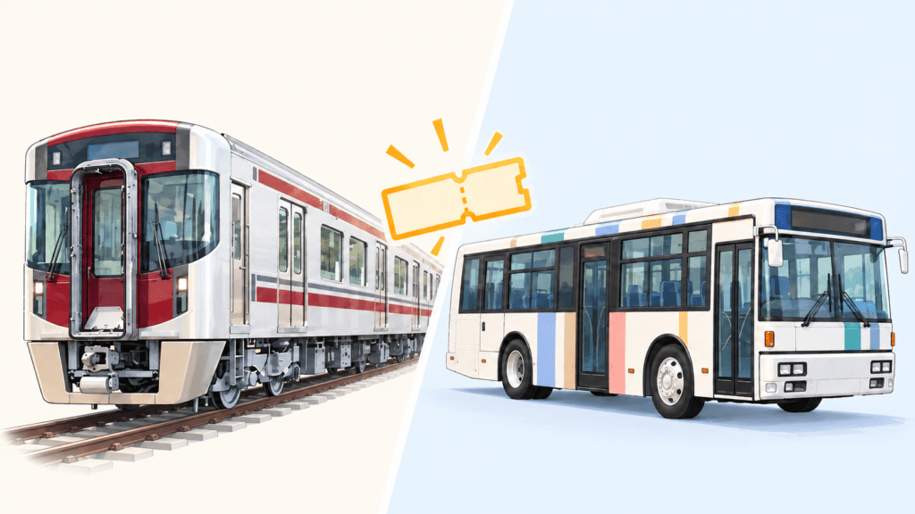 西鉄9000形電車とスマートループ路線バスを左右に描いたイラスト