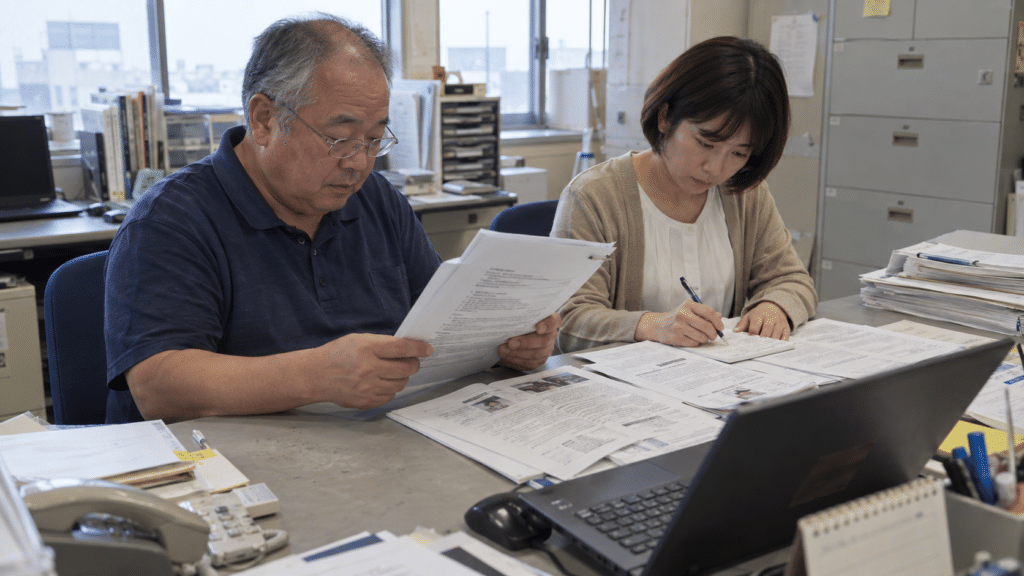 事務所で制度の検討資料を読み、メモを取る職員