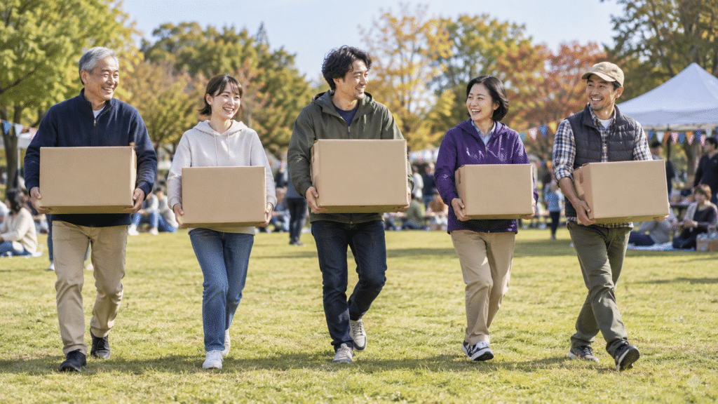芝生広場で段ボール箱を協力して運ぶ5人組