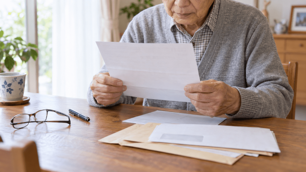 自宅で後期高齢者医療の通知書を確認する高齢者