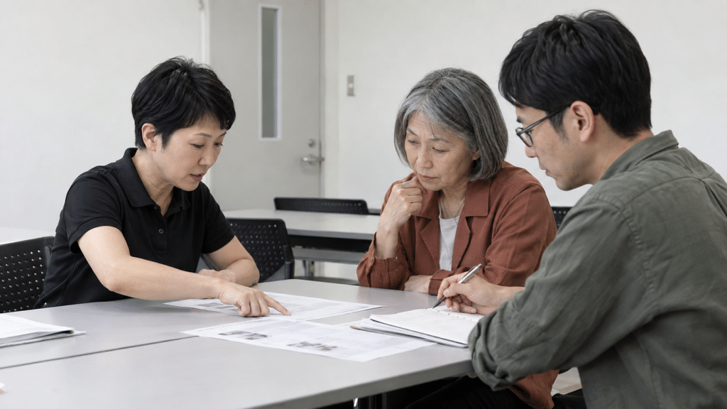 管理会社と生活支援担当者が職場で役割と引継ぎ資料を確認する様子