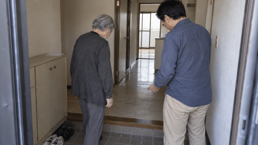 高齢者本人と家族が賃貸住宅の玄関の段差と廊下を内見する様子
