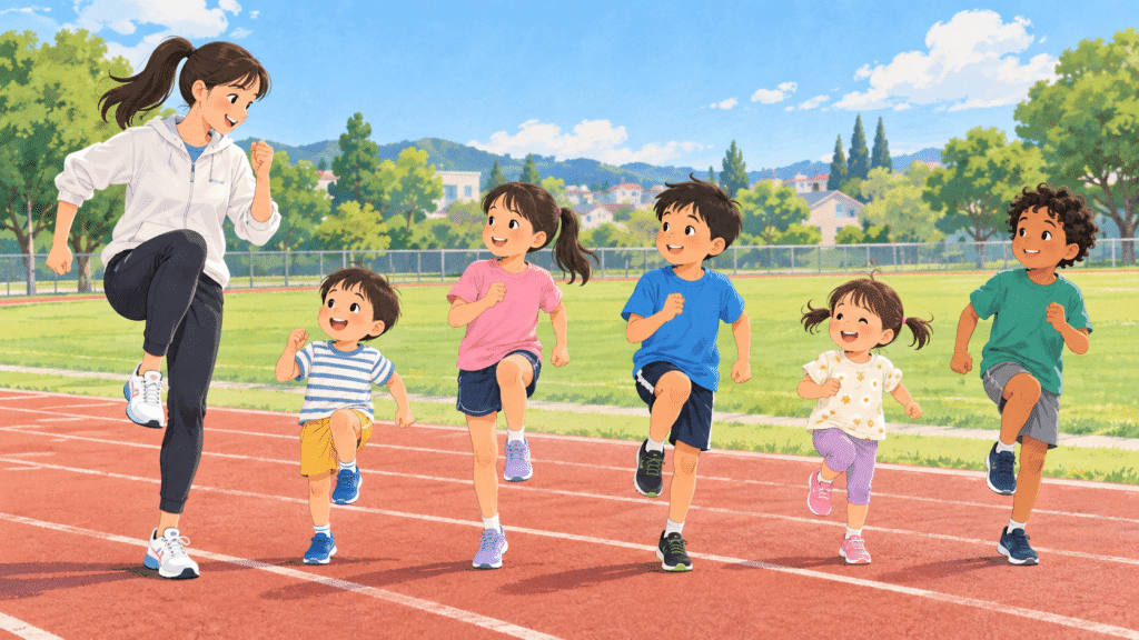 トラックで走り方を教わる幼児と小学生