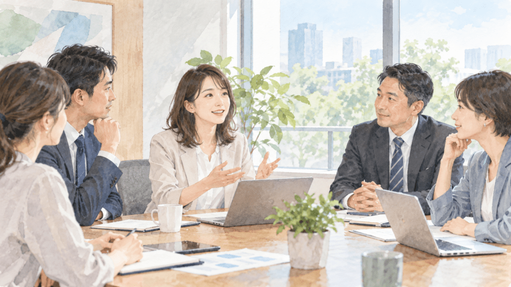 会議室で女性の意見に耳を傾ける経営者や人事担当者を描いたイラスト