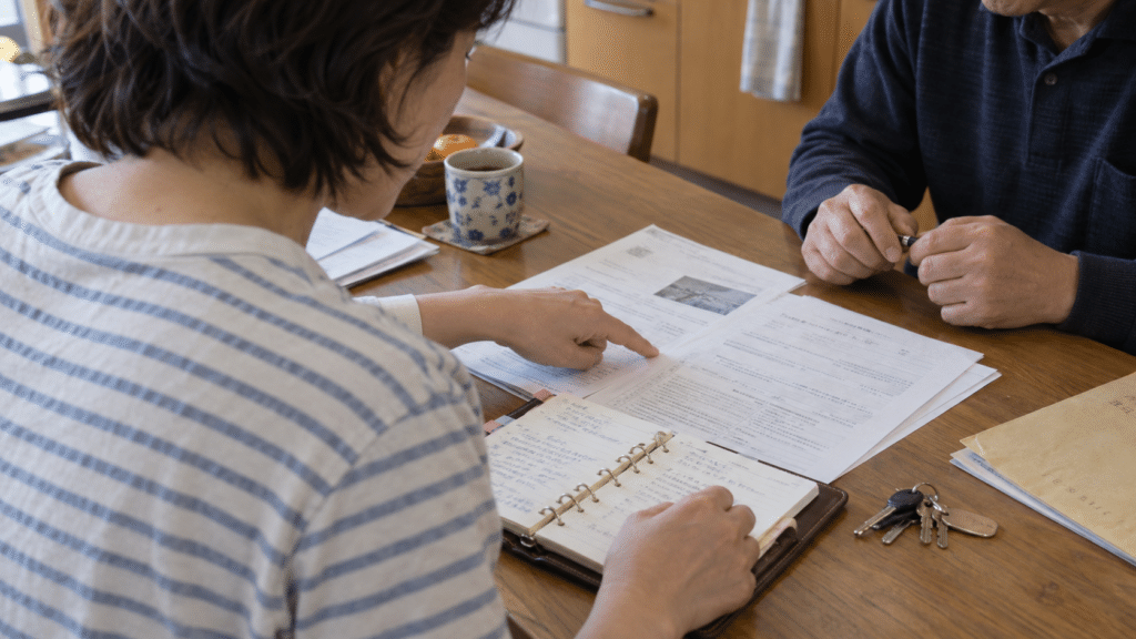 相続した不動産の資料と手帳のメモを照合する手元