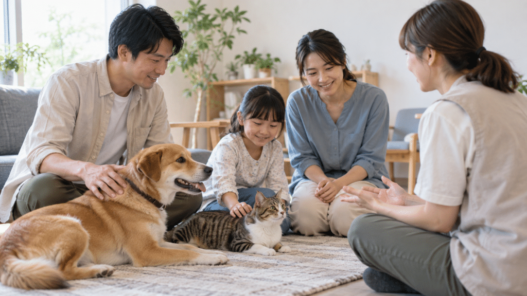 犬猫の譲渡についてスタッフに相談する家族