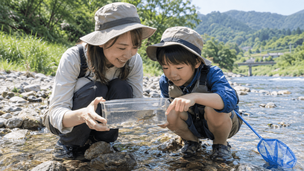 川辺で親子が水の生きものを観察する様子