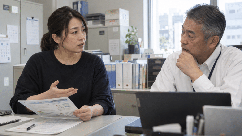 家族の介護について職場の担当者と個別に話し合う従業員