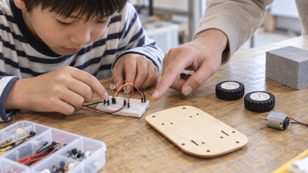 光センサーと車輪を使った工作の仕組みを学ぶ様子を表した編集用イメージ