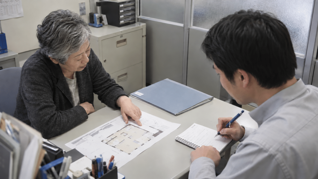 貸主と担当者が間取り資料と運用メモを検討する手元