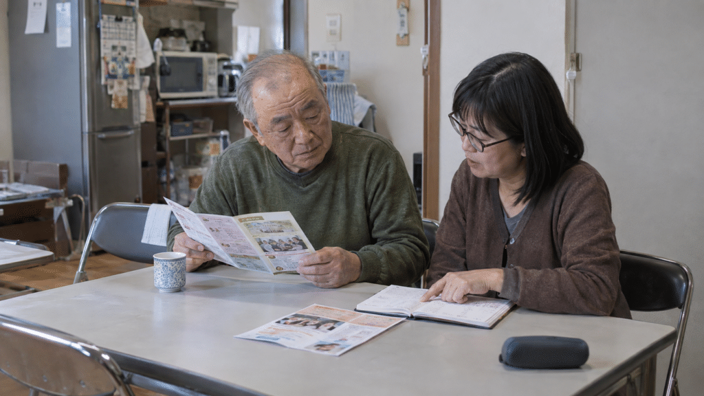 高齢者が地域活動の案内と手帳を家族と見て参加予定を相談する様子