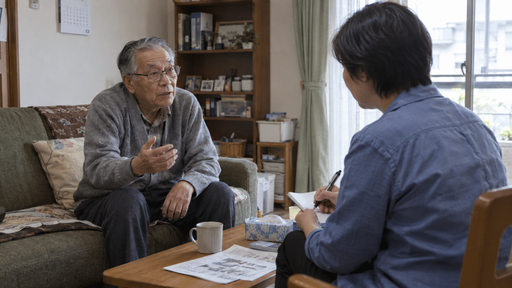 自宅で日々の生活の相談をする高齢者と訪問支援員