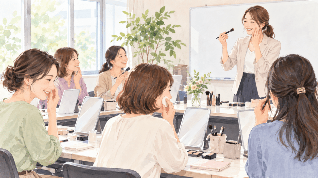 明るい講習室で女性たちが鏡を使いメイクを学ぶイラスト