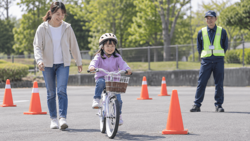 保護者と指導員に見守られながら自転車を練習する子ども