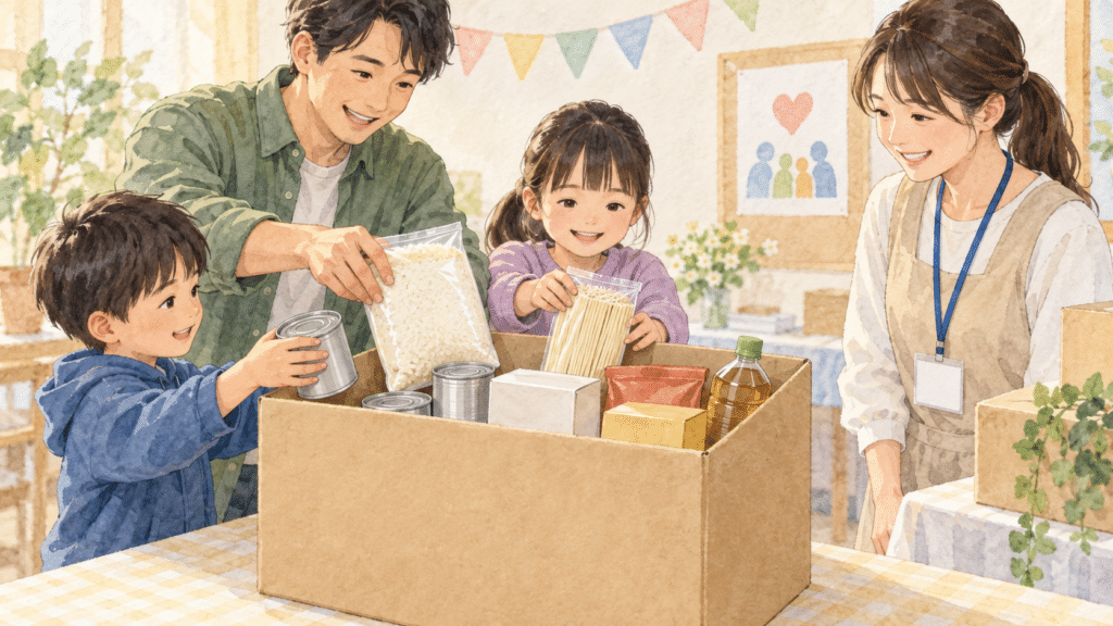 未開封の食品を回収箱へ入れる親子
